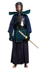 Portrait of man kendo fighter with shinai (bamboo sword). Shot in studio. Isolated with clipping...