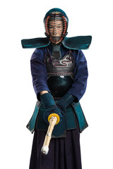 Obraz premium Portrait of man kendo fighter with shinai (bamboo sword). Shot in studio. Isolated with clipping path on white background