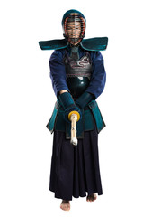 Portrait of man kendo fighter with shinai (bamboo sword). Shot in studio. Isolated with clipping path on white background