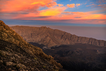 Fototapeta na wymiar Sunrise at the top of the Fogo vulcano, Fogo Island, Cape Verde