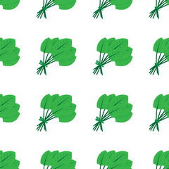 Seamless pattern made from flat green doodle bunch of spinach. Isolated on white background. Vector stock illustration.