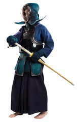 Portrait of man kendo fighter with shinai (bamboo sword). Shot in studio. Isolated with clipping...