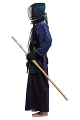 Portrait of man kendo fighter with shinai (bamboo sword). Shot in studio. Isolated with clipping...