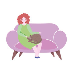 young woman with cat sitting on sofa isolated icon design