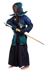 Portrait of man kendo fighter with shinai (bamboo sword). Shot in studio. Isolated with clipping...