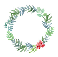 Watercolor illustration of easter wreath. Hand-drawn illustration isolated on white background. Spring green chaplet of roses.