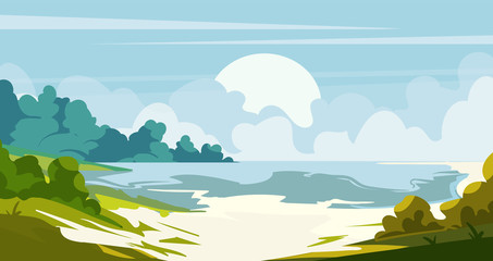 Fototapeta na wymiar Cartoon beach landscape. Flat landscape vector illustration
