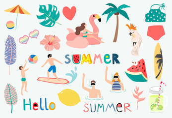 Summer object collection with watermelon,lemon,float and surfboard.Vector illustration for icon,logo,sticker,printable,postcard and invitation