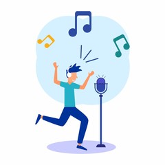 Vector illustration, recording kitchen, music, voice acting, voice recording on the radio into a microphone, singer with a scale icon.