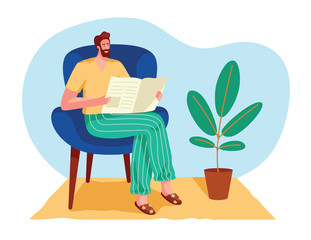 Color vector isolated illustration in a flat style. A man reads a newspaper at home. A man sits in an armchair and reads the news. Man in the interior