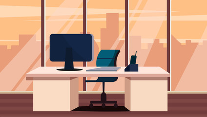 Chief's office with panoramic Windows and city views. Vector illustration.