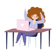 working remotely, young woman with laptop on desk isolated design
