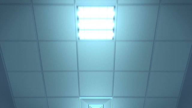 Hospital corridor ceiling, camera moving forward, looping 3D animation
