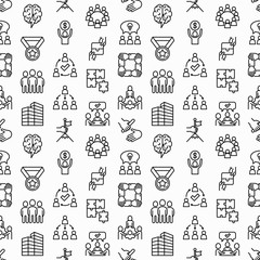 Teamwork seamless pattern with thin line icons: relay race, brainstorm, success, meeting, idea share, collaboration, joint project, unity, support, delegation, bonus. Modern vector illustration.