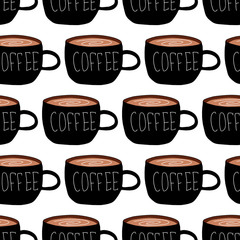 Coffee. Black cups with coffee on white background. Hot drink. Americano, cappuccino, latte, espresso, mocha. Vector seamless pattern.