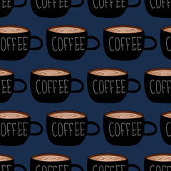 Coffee. Black cups with coffee on blue background. Hot drink. Americano, cappuccino, latte, espresso, mocha. Vector seamless pattern.