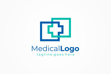 Fototapeta premium Healthcare Medical Logo. Blue and Green Double Square Lines with Cross Sign Health Icon inside isolated on White Background. Flat Vector Logo Design Template Element.