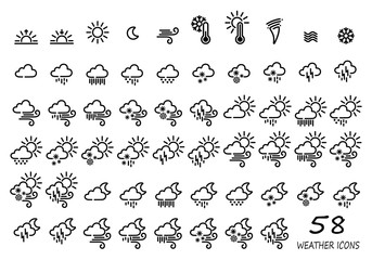 Vector weather icons. Set of 58 icons. Black icons on a white background.