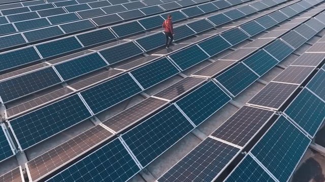 Man walks on the modern solar farm. Rows of innovative photovoltaic solar panels collect sunny energy. Sustainable clean energy.