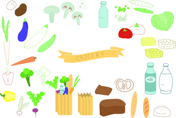 Vector supermarket illustration. Grocery food basket and shopping bags and baskets with food. 