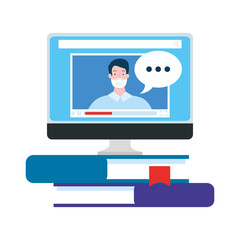 online education in computer with pile books vector illustration design