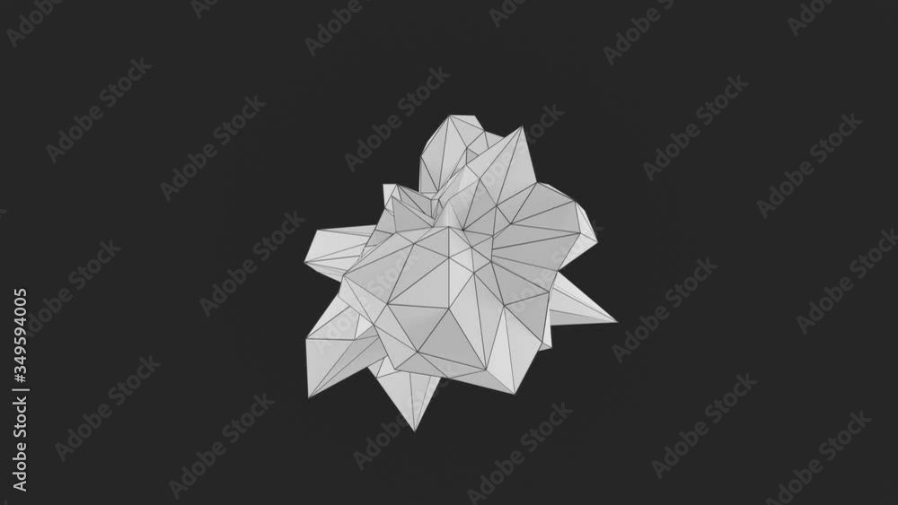 Poster polygonal white shape morphing on dark background, looping animation 3d render