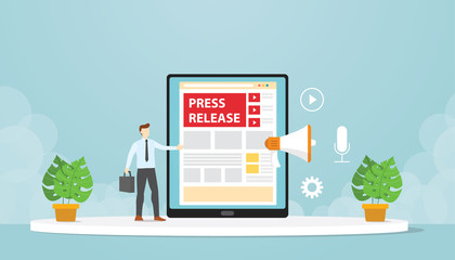 Public relations make press releases through company blogs. Modern flat cartoon design.