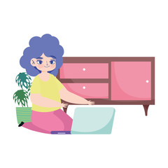 working remotely, young woman with laptop on floor room