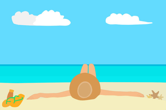 Woman who is wearing hat, she is laying down on the beach. The yellow sand and the clear sea with blue sky. Summer trip with family. Enjoy vacation. Chill out Holiday. Journey, tourism concept.