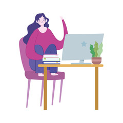 working remotely, young woman in desk with computer with plant decoration