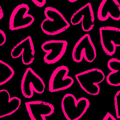 Seamless pattern with bright pink hearts on black background. Vector design for textile, backgrounds, clothes, wrapping paper, web sites and wallpaper. Fashion illustration seamless pattern.