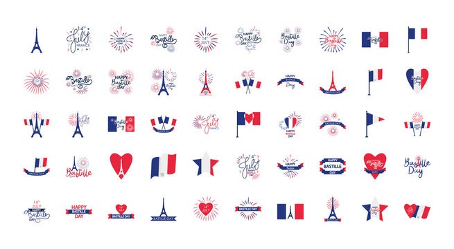 Happy bastille day icon set, flat style