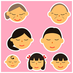 Face icons of family members. Vector illustrations image. Simple.closing eyes, sleeping, relaxing 