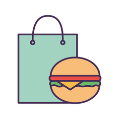 Shopping bag and hamburger line and fill style icon vector design