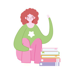 working remotely, woman sitting on floor with books stack