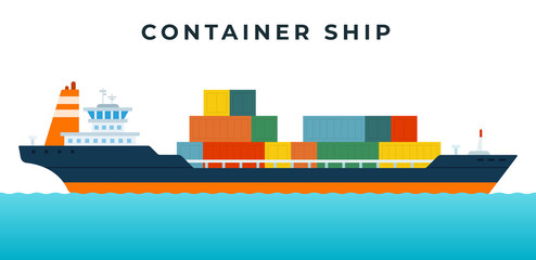 Obraz premium Container ship with command cabin and cargo vector icon flat isolated.