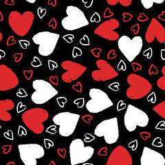Seamless pattern with white and red hearts on black background. Vector design for textile, backgrounds, clothes, wrapping paper, web sites and wallpaper. Fashion illustration seamless pattern.