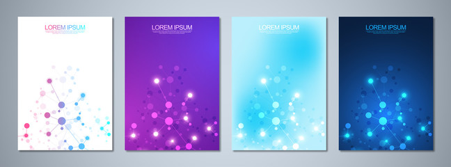 Set of template brochures or cover design, book, flyer, with molecules background and neural network. Abstract geometric background of connected lines and dots. Science and technology concept.