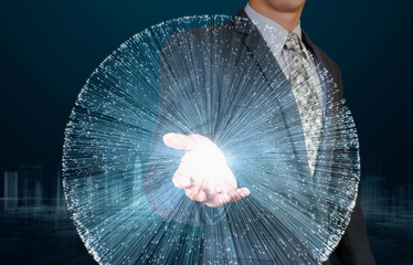 businessman showing glow fiber optic 