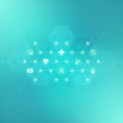 Medical background with flat icons and symbols. Template design with concept and idea for healthcare technology, innovation medicine, health, science, and research.