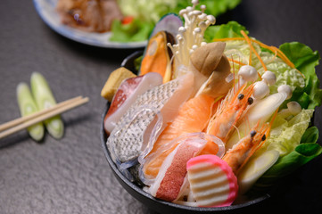 seafood,shimp and fish with vegatable,sukiyaki asian delicious food