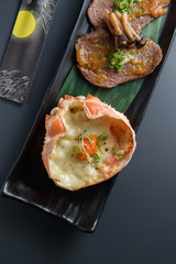 Japanese food, Crab egg with miso paste on king crab shell