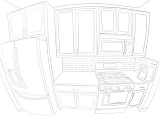 Hand drawn illustration. Wide angle, fish eye lens view of a contemporary kitchen.
