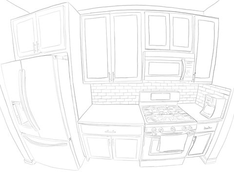 Hand Drawn Illustration. Wide Angle, Fish Eye Lens View Of A Contemporary Kitchen.