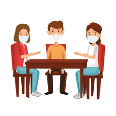 group people using face mask in wooden table vector illustration design