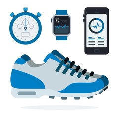 Naklejka premium Set of Sports Equipment Fitness trackers vector icon flat isolated.