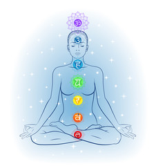Seven major chakras. Woman sitting in meditation position of yoga.