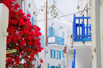Picturesque scenic narrow streets with traditional whitewashed houses with blue doors windows of...