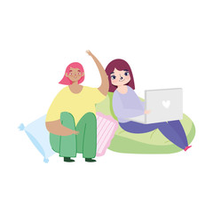 working remotely, young women with laptop on chairs