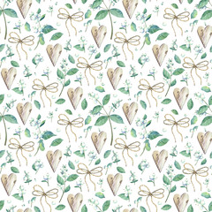 Seamless pattern with watercolor snowberry, wooden hearts and bows. Perfect for greetings, invitations, manufacture wrapping paper, textile, wedding and web design. Raster illustration.